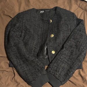 Zara Black Textured Blazer with Gold Buttons